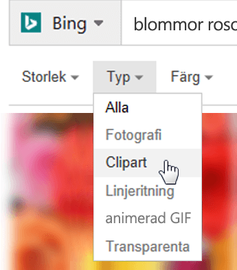 Välj filtret Typ och välj ClipArt