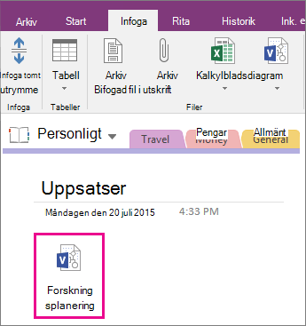 Skärmbild av hur du bifogar en Visio-fil till en sida i OneNote 2016.