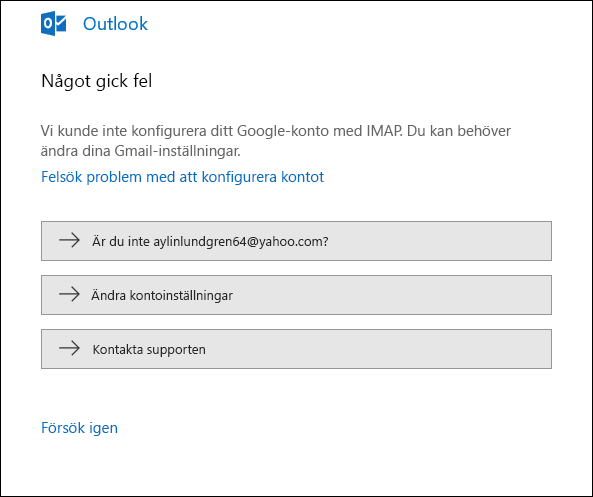 Något gick fel när ett e-postkonto skulle läggas till i Outlook.