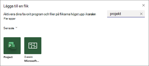 Skärmbild som visar dialogrutan Lägg till en flik och sökresultat för termprojektet