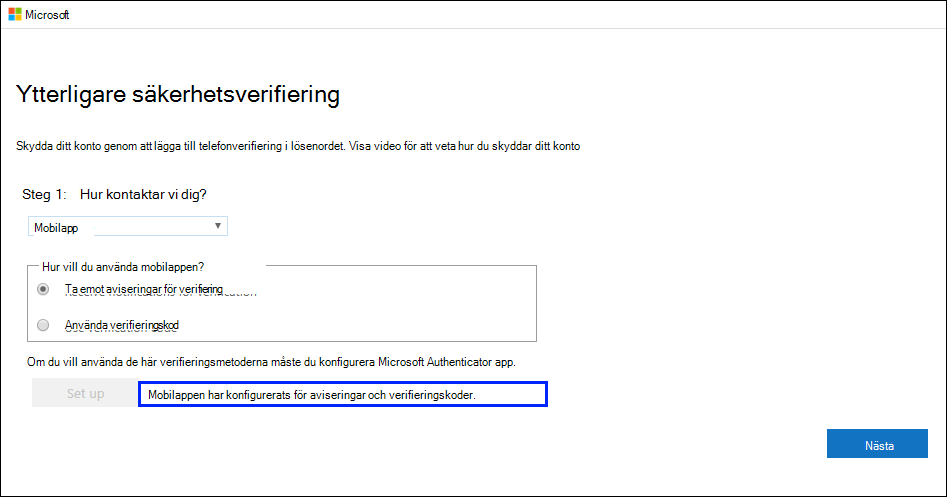 Skärmbild som visar sidan "Ytterligare säkerhetsverifiering" med "Mobilappen har konfigurerats..." framgångsmeddelande markerat.