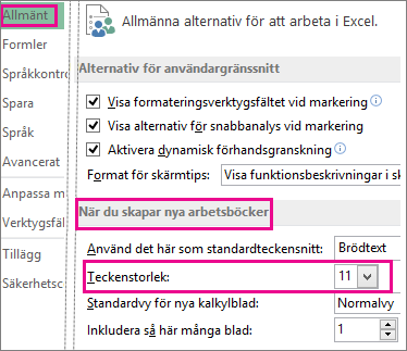 Alternativ i dialogrutan Allmänt