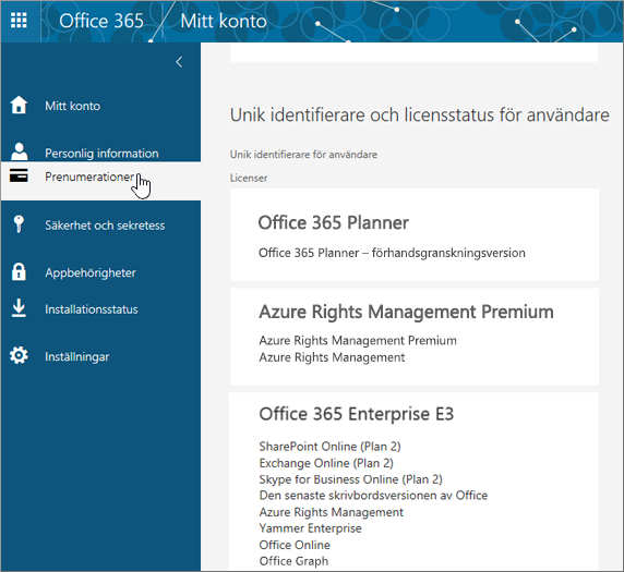 Sidan Office 365-prenumerationer