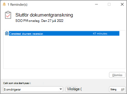 Skärmbild av påminnelse om popup-uppgifter.