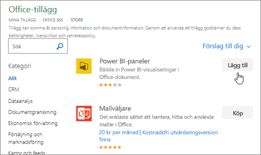 Skärmbild av sidan Office-tillägg där du kan välja eller söka efter ett tillägg för Excel.