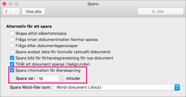 I dialogrutan Spara väljer du Spara information för automatiskt återskapande och anger sedan intervallet genom att ange minuter i rutan Spara var.