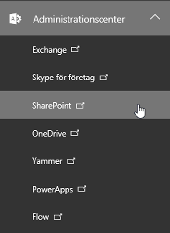 En lista med administrationscenter för Office 365, inklusive SharePoint.