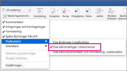 Visa alla ändringar i dokumentet är markerat