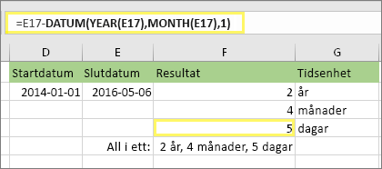 =DATEDIF(D17;E17;"md") och resultat: 5