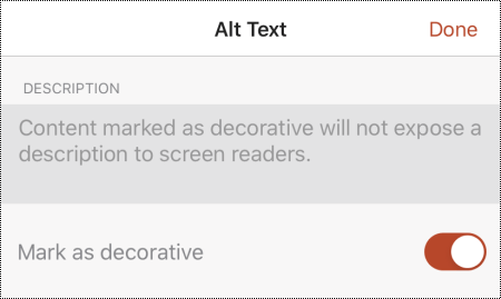 Alternativet Markera som dekorativt markerat i dialogrutan Alternativtext i PowerPoint för iOS.