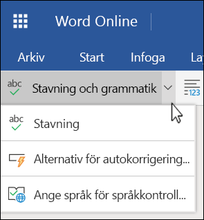 Alternativlistan för stavning och grammatik i Word Online