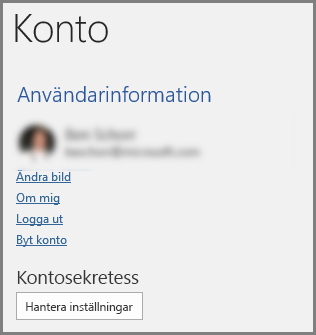 Kontopanelen som visar Kontosekretess, Hantera Inställningar-knappen