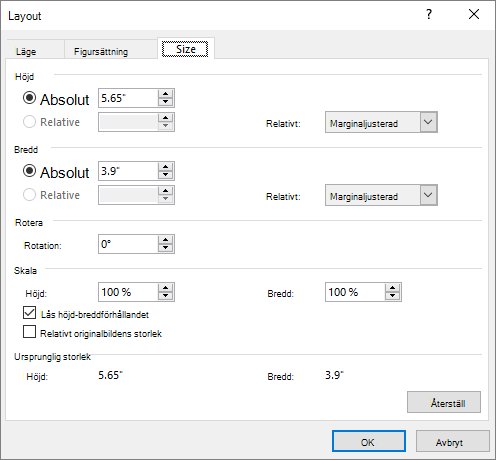 Fliken Storlek för layoutalternativ