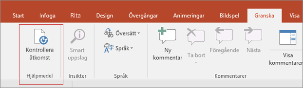 Skärmurklipp från Word-användargränssnittet som visar Granska > Kontrollera tillgänglighet med en röd ruta runt omkring.