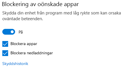 Blockeringskontrollen för oönskade program i Windows 10.