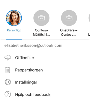 Skärmbild av hur du växlar mellan konton i OneDrive-appen på iOS