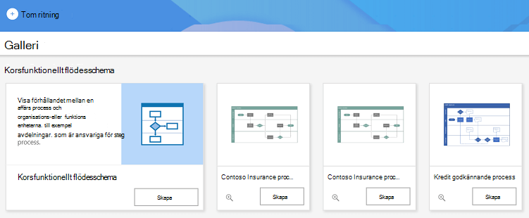 Ett exempel på mallar som är tillgängliga i Visio för webben.