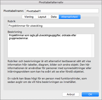 Dialogrutan Alternativtext för en pivottabell i Excel.