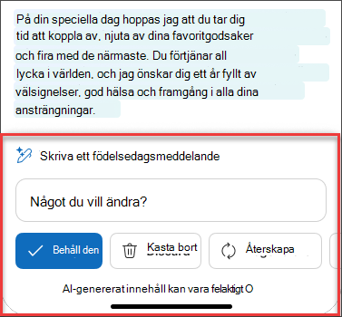 Text från e-postutkastet "Efter noggrant övervägande" med Copilot i iOS och Android