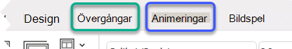En del av menyfliksområdet i PowerPoint med flikarna Övergångar och Animeringar.