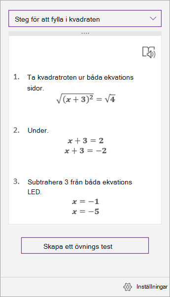 Lösningssteg i åtgärdsfönstret Matematikassistenten