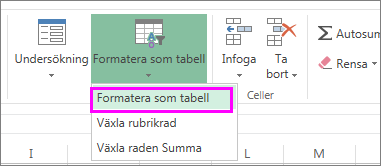 Knapp för att formatera data som en tabell