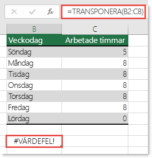 Felvärdet #VÄRDEFEL! i TRANSPONERA