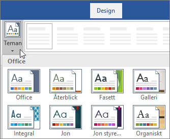 Alternativ för teman i menyfliksområdet i Word