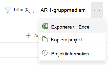 Skärmbild av menyn i Project för webben med alternativet Exportera till Excel