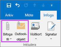 Klicka på Bifoga fil eller Skicka objekt med e-post på fliken Arkiv