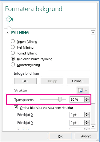 Skjutreglage för att formatera genomskinlighet för bakgrund