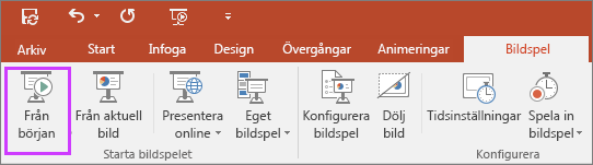 Visar knappen Från början på fliken Bildspel i PowerPoint