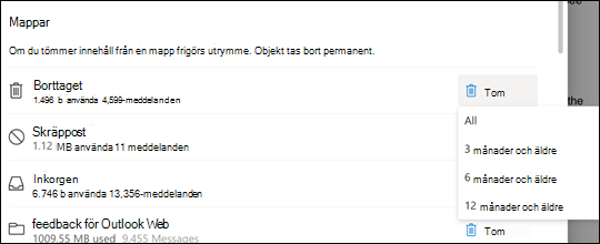 Lagringsinställningar för Outlook.com.