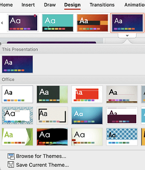 Temagalleriet för att välja en tillgänglig layout i PowerPoint för Mac.