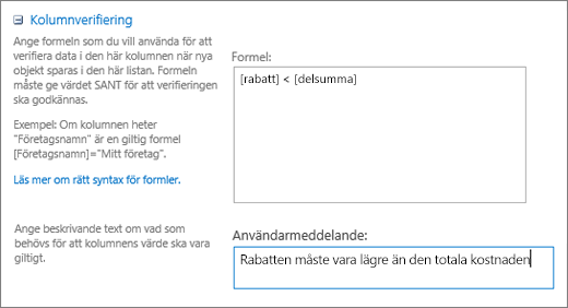 Dialogrutan Kolumnverifiering med exempeldata i fälten