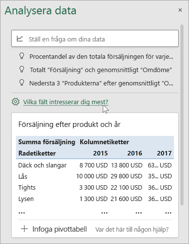 Fönstret Analysera data med länken för att ange vilka fält som ska användas.