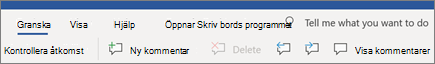Kommentarer i menyfliksområdet för Word