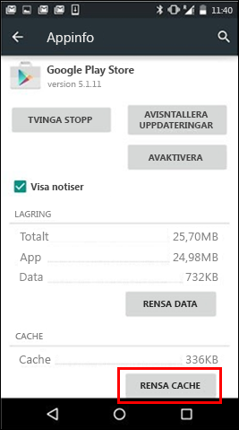 Knappen Rensa cache