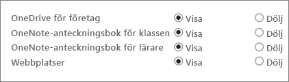 En lista med OneDrive för företag, OneNote-anteckningsbok för klassen, OneNote-anteckningsbok för personal och Webbplatser med knapparna Visa och Dölj.