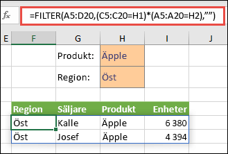 Använd FILTER med multiplikationsoperatorn (*) för att returnera alla värden i vårt matrisområde (A5:D20) som innehåller äpplen OCH som hör till regionen öst.