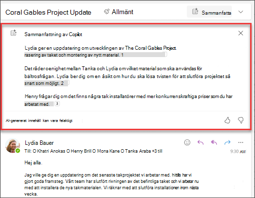 Sammanfattning av e-posttråd med källhänvisningar som skapats av Copilot.
