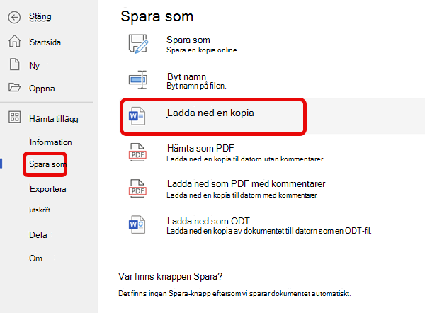 Nedladdning av OneDrive SaveAs