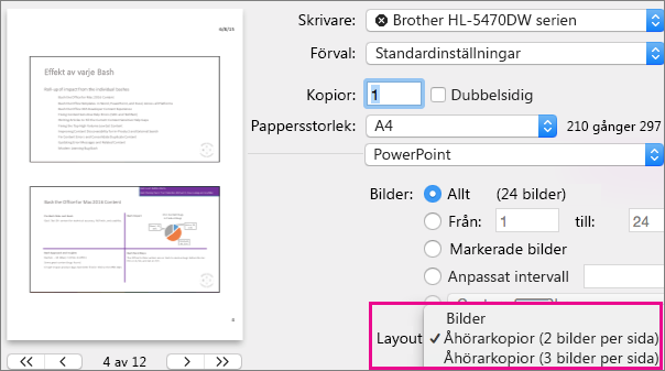 PowerPoint för Mac, Förhandsgranska åhörarkopior för utskrift