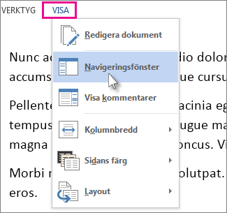 Bild på Visa-menyn i läsläget där alternativet Navigeringsfönster har markerats.