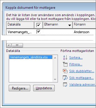 Alternativ för Koppla dokument för mottagare