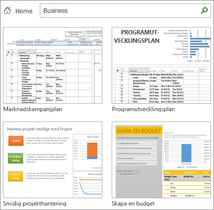 Skärmbild av projektplansmallar i kategorin Företag.