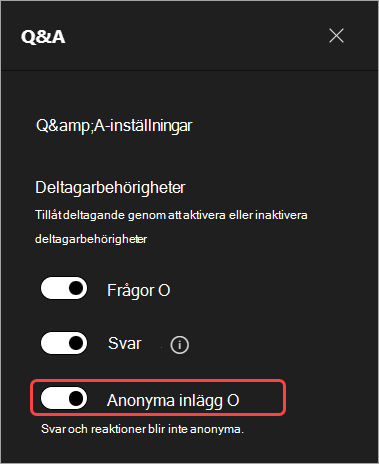Skärmbild som markerar användargränssnittet för att dölja deltagarnas namn i Q&A
