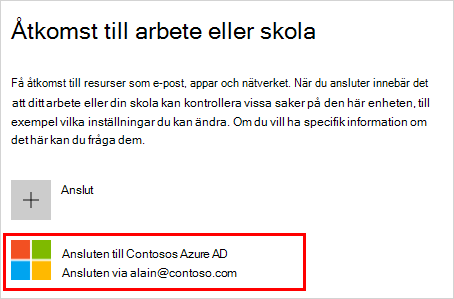 Skärmbild som visar fönstret "Åtkomst till arbete eller skola" med kontot "Ansluten till (din organisation) Azure AD" markerat