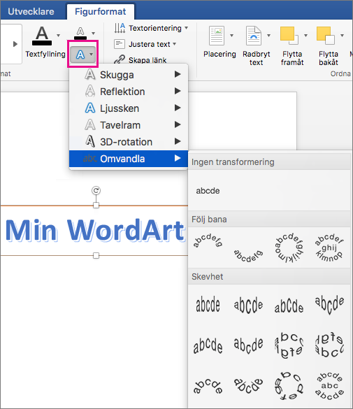 Fliken Figurformat med alternativet Texteffekter markerat.