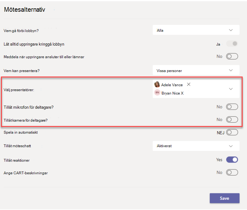 Mötesalternativ i Teams, en röd ruta omger inställningen för att hantera deltagares mikrofon- och kamerabehörigheter.